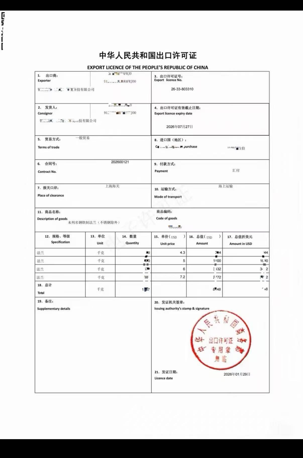 Sample of a Chinese vehicle export licence issued by MOFCOM