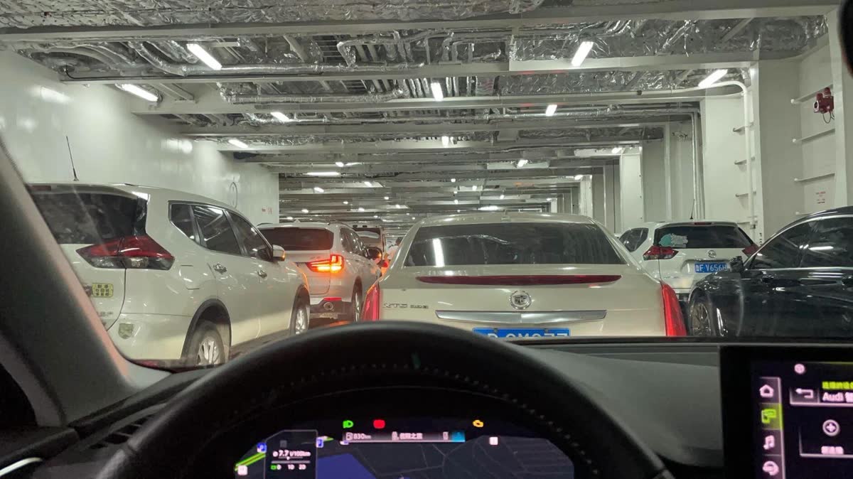 Driver's point of view driving along the lanes inside the vehicle deck of a RoRo vessel