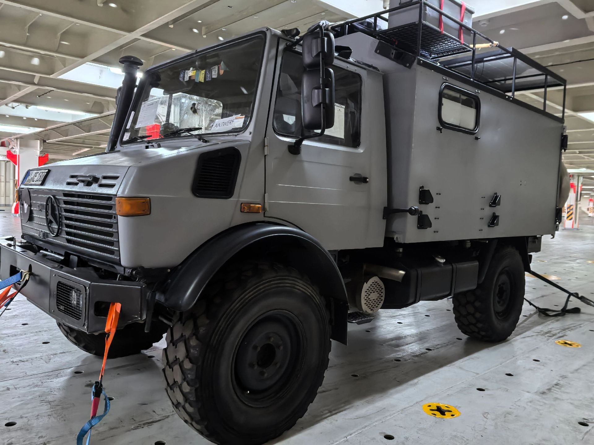 Unimog 4x4 secured inside RoRo vessel — Douala RoRo service